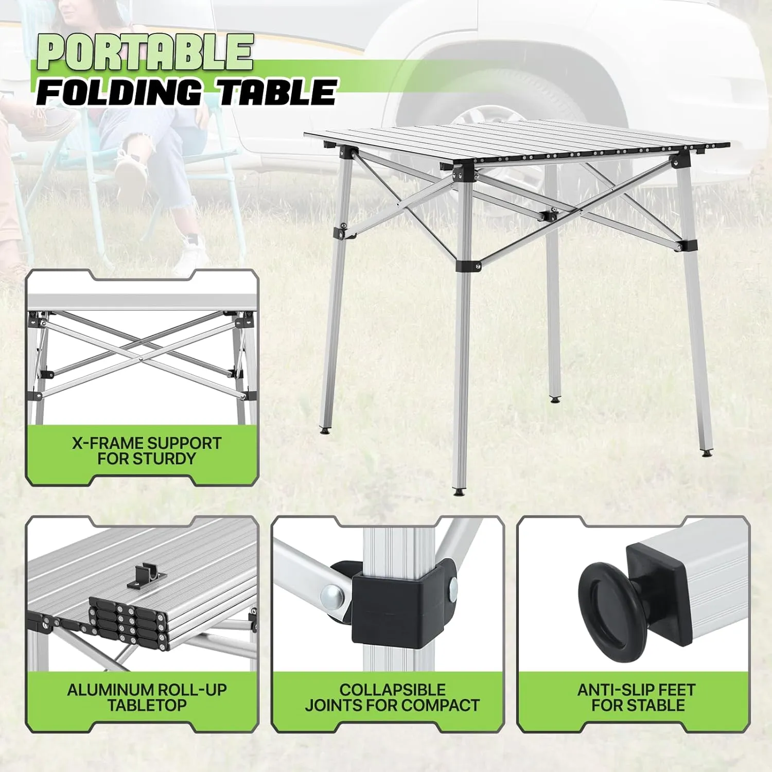 Magshion Outdoor Folding Table, Portable Camping Table with Carry Bag, Foldable Aluminum Roll Up Table, for Camping, Backyard, BBQ and Travel, Silver
