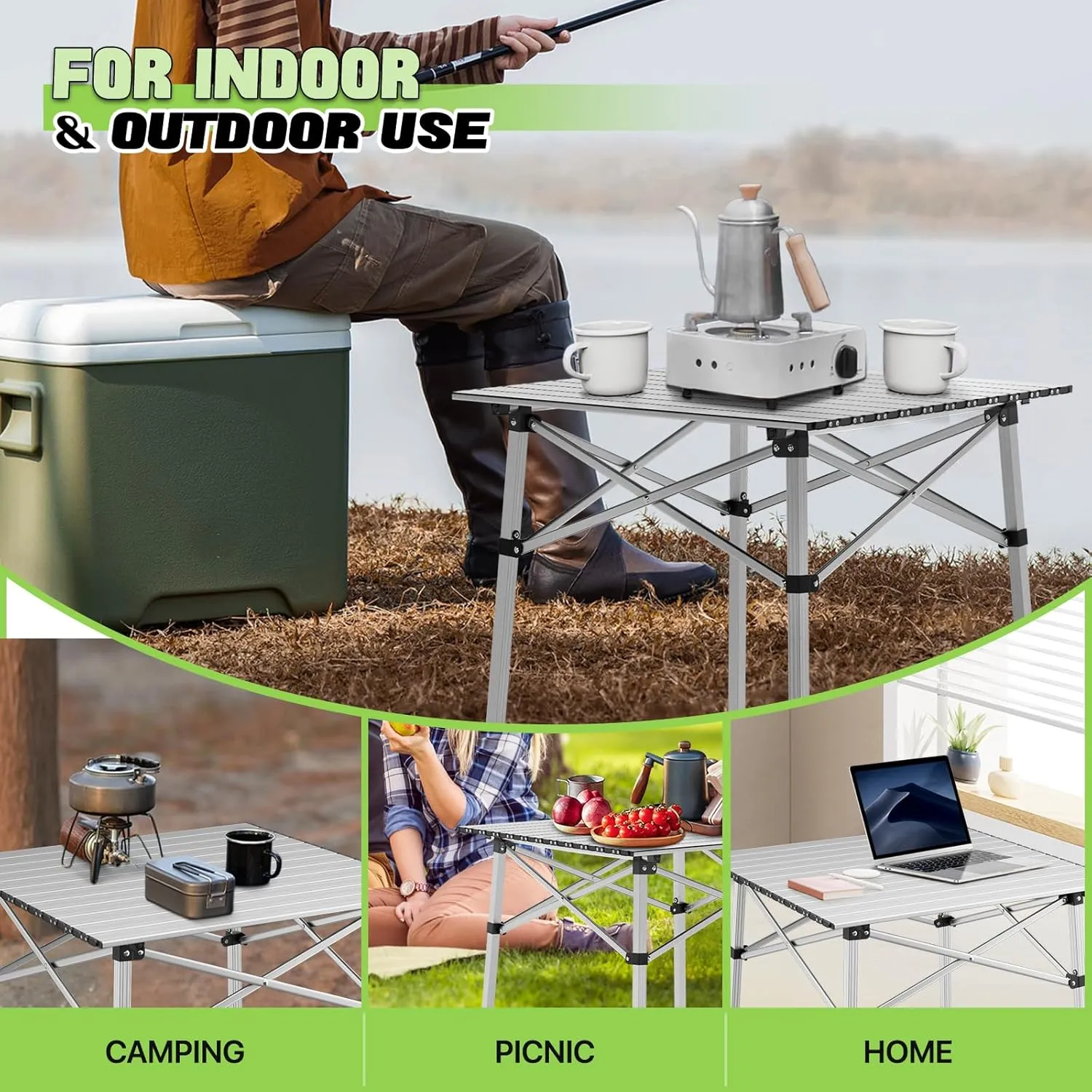 Magshion Outdoor Folding Table, Portable Camping Table with Carry Bag, Foldable Aluminum Roll Up Table, for Camping, Backyard, BBQ and Travel, Silver