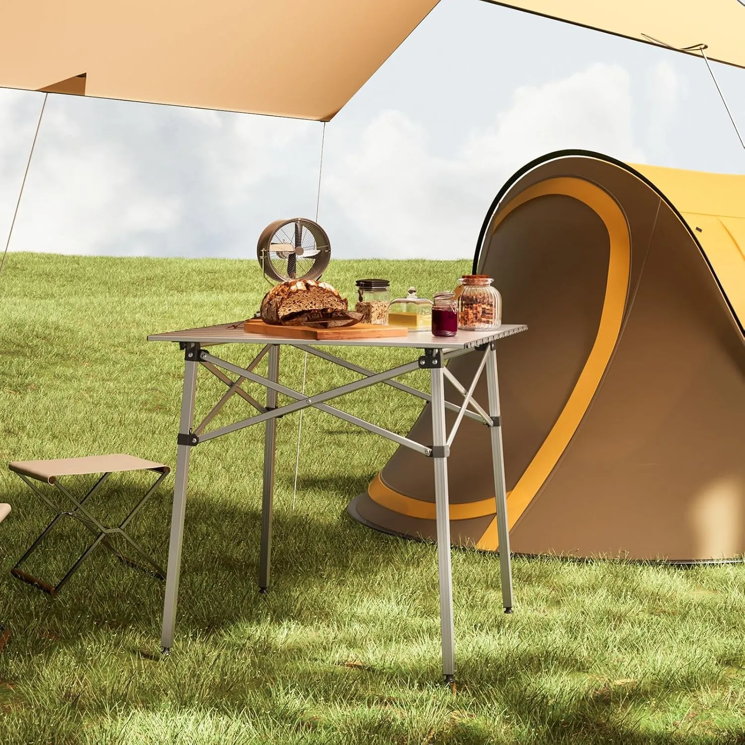 Magshion Outdoor Folding Table, Portable Camping Table with Carry Bag, Foldable Aluminum Roll Up Table, for Camping, Backyard, BBQ and Travel, Silver