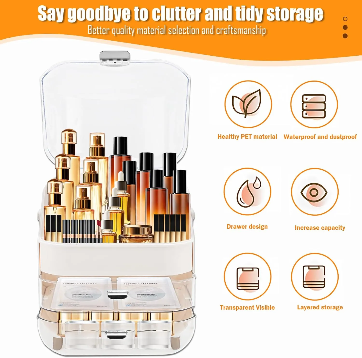 Makeup Organizer Skincare Organizers with Brush Holder, Make Up Storage Box Cosmetic Display Cases, Cosmetics Organizers with Lid and Drawers for Vanity Dresser Countertop, Women Girl Gifts