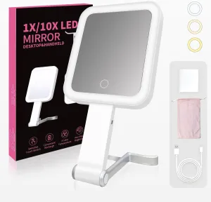 Makeup Travel Mirror with Light, 10X/1X Double-Sided Magnifying Mirror, Rechargeable Portable Vanity Mirror, Brightness Adjustable, 3-Color Lighting, Tabletop, Handheld & Hanging Options