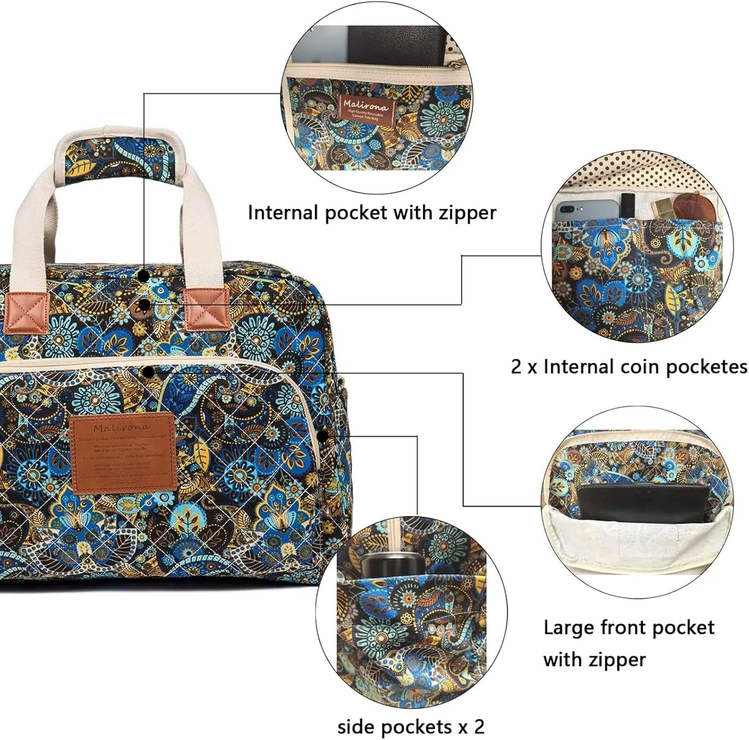 Malirona Canvas Overnight Bag Women Weekender Bag Carry On Travel Duffel Bag Floral