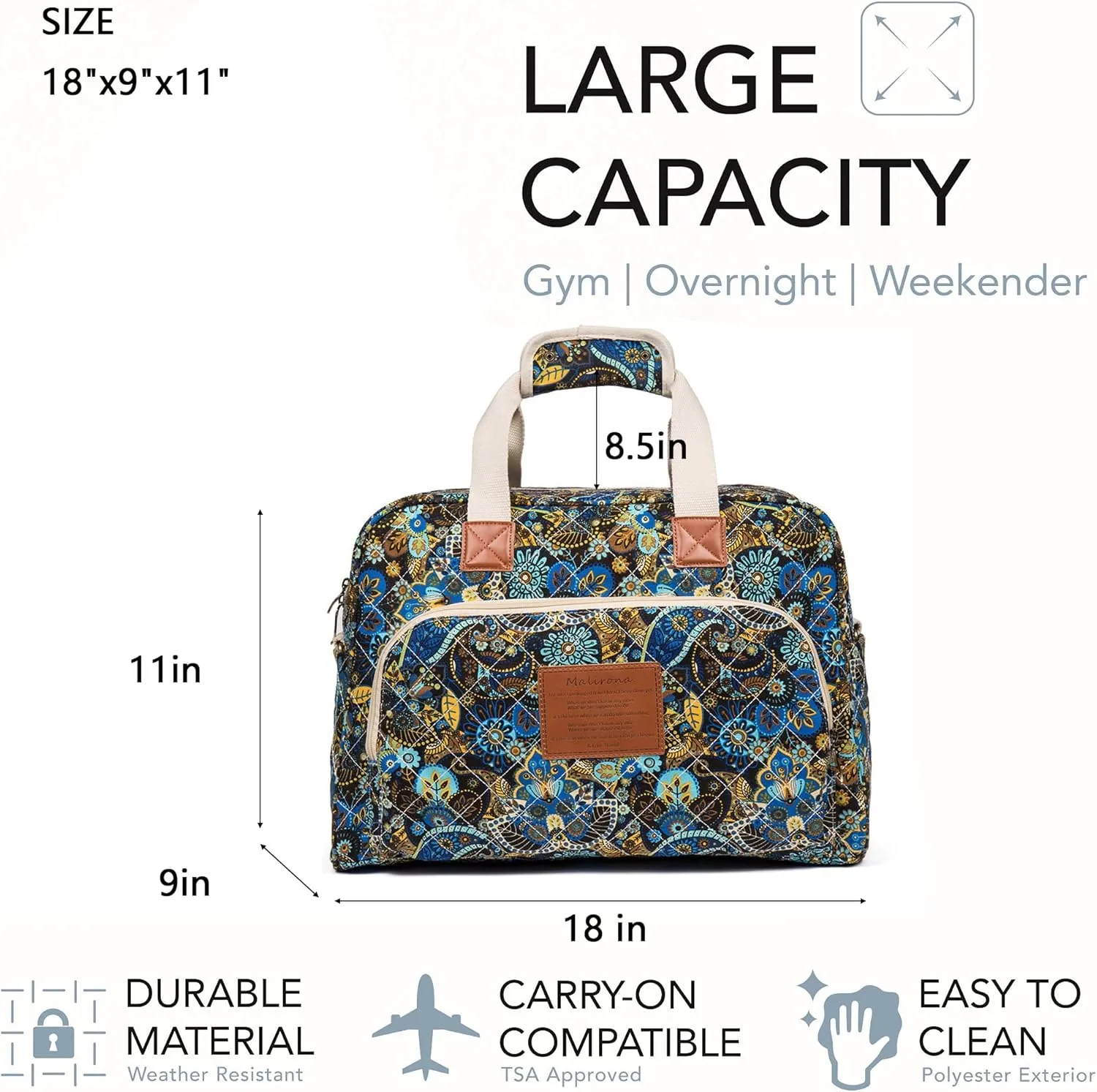 Malirona Canvas Overnight Bag Women Weekender Bag Carry On Travel Duffel Bag Floral