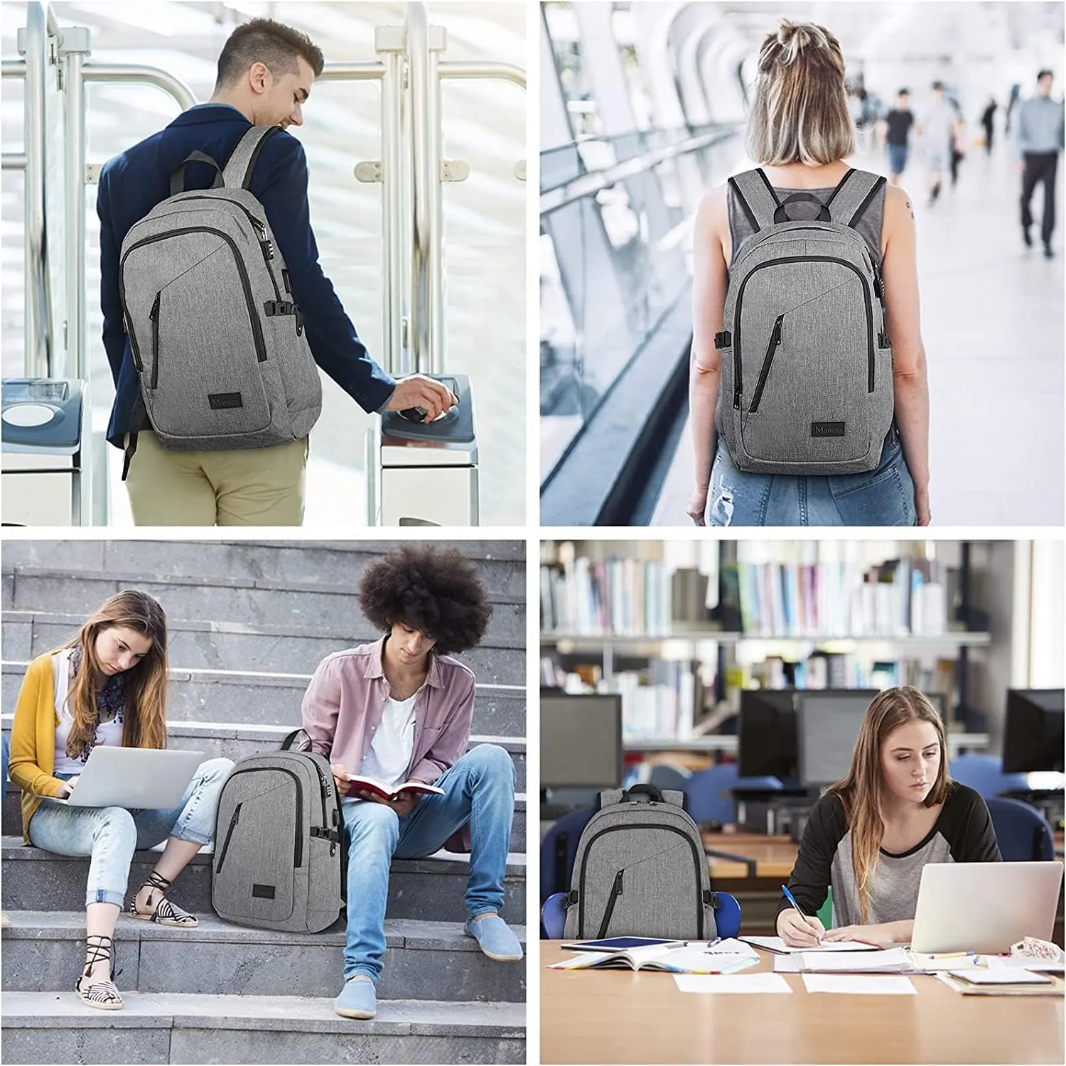 Mancro Laptop Backpack for Travel, Anti-theft Laptop Backpack for Men Business Backpack Work Daypack with USB Charging Port & Lock, Water Resistant Travel Computer Bag Daypack, Grey