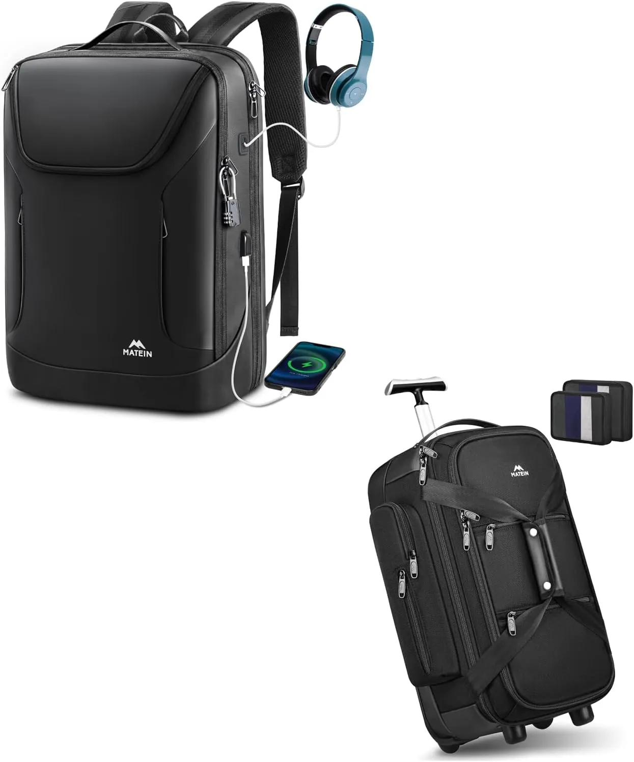 MATEIN Carry On Duffle Bag with Wheels and Handle, Rolling Travel Duffle. 17 Inch Laptop Backpack Waterproof, Anti Theft Business Work Backpack with Lock