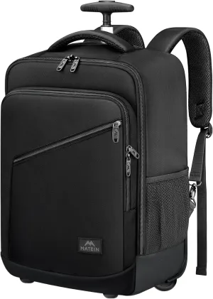 MATEIN Rolling Backpack Carry On Luggage, 17 inch Travel Laptop Backpack with Wheels for Men Women, Water Resistant Wheeled Rucksack Airline Approved Roller Bag, Traveler Gifts, Black