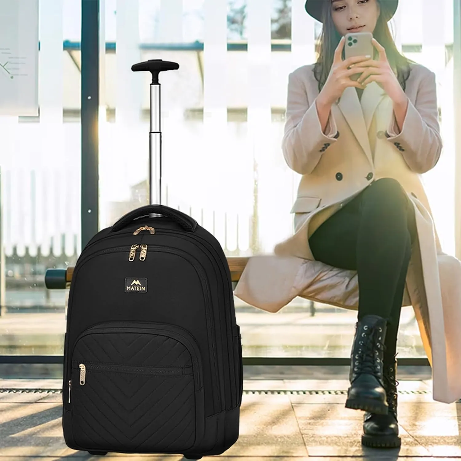 MATEIN Rolling Backpack for Women, 17 inch Water Resistant Wheeled Laptop Backpack, Large Carry On Luggage Travel Backpack with Wheels, Trolley Suitcase Business Overnight Roller Bag for Adults, Black