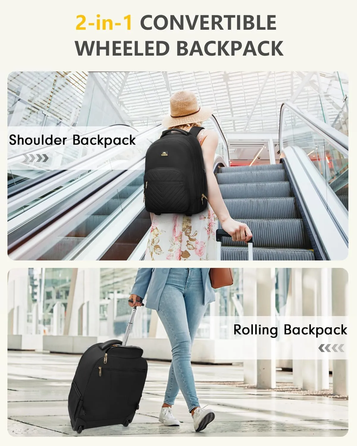 MATEIN Rolling Backpack for Women, 17 inch Water Resistant Wheeled Laptop Backpack, Large Carry On Luggage Travel Backpack with Wheels, Trolley Suitcase Business Overnight Roller Bag for Adults, Black