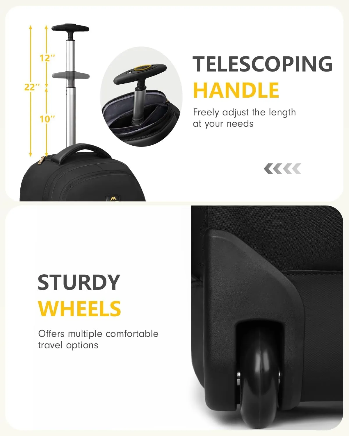 MATEIN Rolling Backpack for Women, 17 inch Water Resistant Wheeled Laptop Backpack, Large Carry On Luggage Travel Backpack with Wheels, Trolley Suitcase Business Overnight Roller Bag for Adults, Black