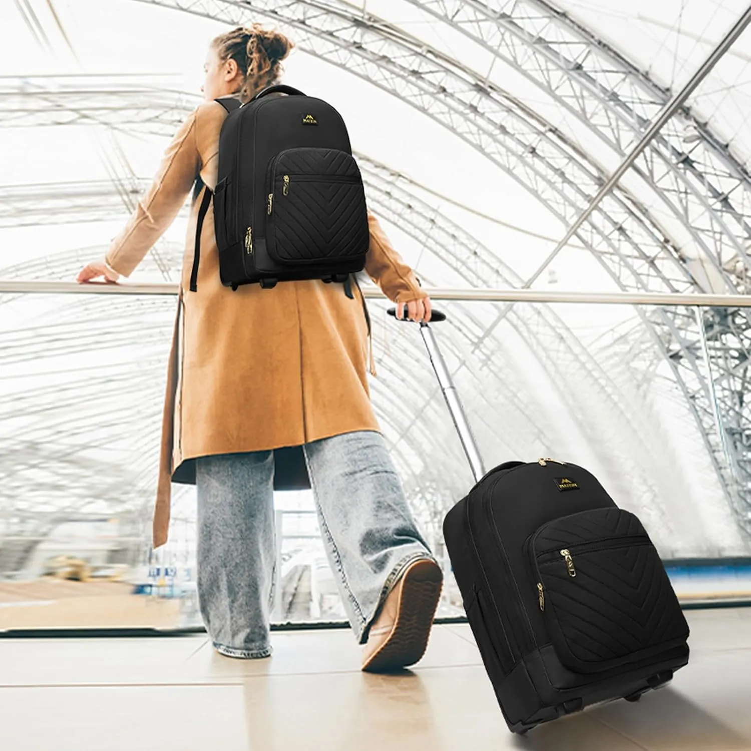 MATEIN Rolling Backpack for Women, 17 inch Water Resistant Wheeled Laptop Backpack, Large Carry On Luggage Travel Backpack with Wheels, Trolley Suitcase Business Overnight Roller Bag for Adults, Black