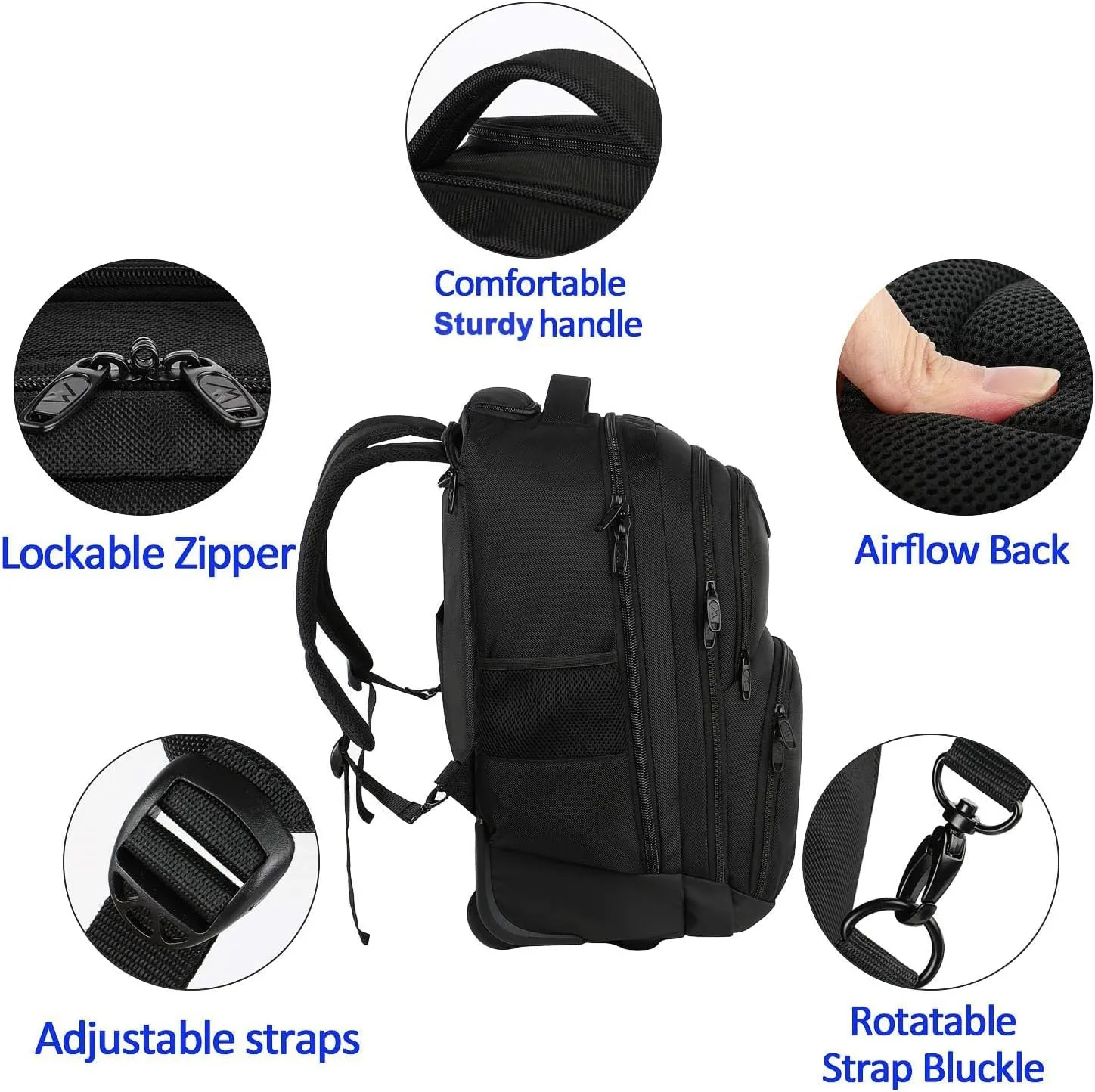 MATEIN Wheeled Backpack, 18 inch Laptop Backpack with Wheels for College, Rolling Travel Backpack, Carryon Trolley Luggage Suitcase Compact Business Computer Bag for Men Women, Black