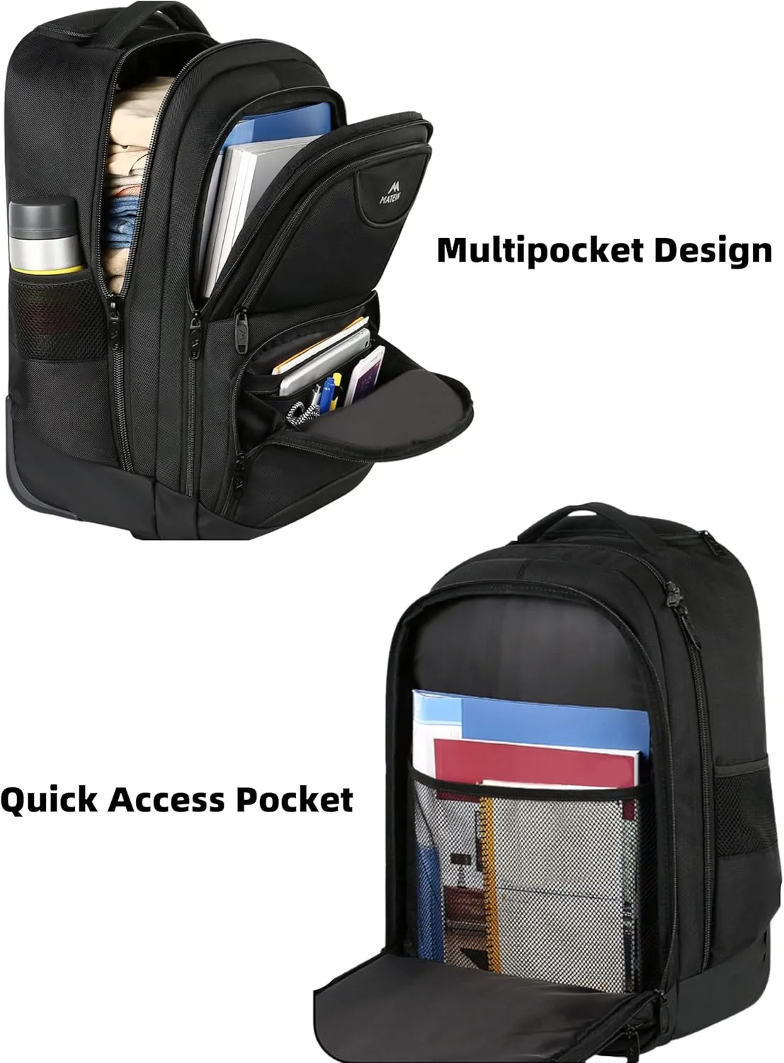 MATEIN Wheeled Backpack, 18 inch Laptop Backpack with Wheels for College, Rolling Travel Backpack, Carryon Trolley Luggage Suitcase Compact Business Computer Bag for Men Women, Black
