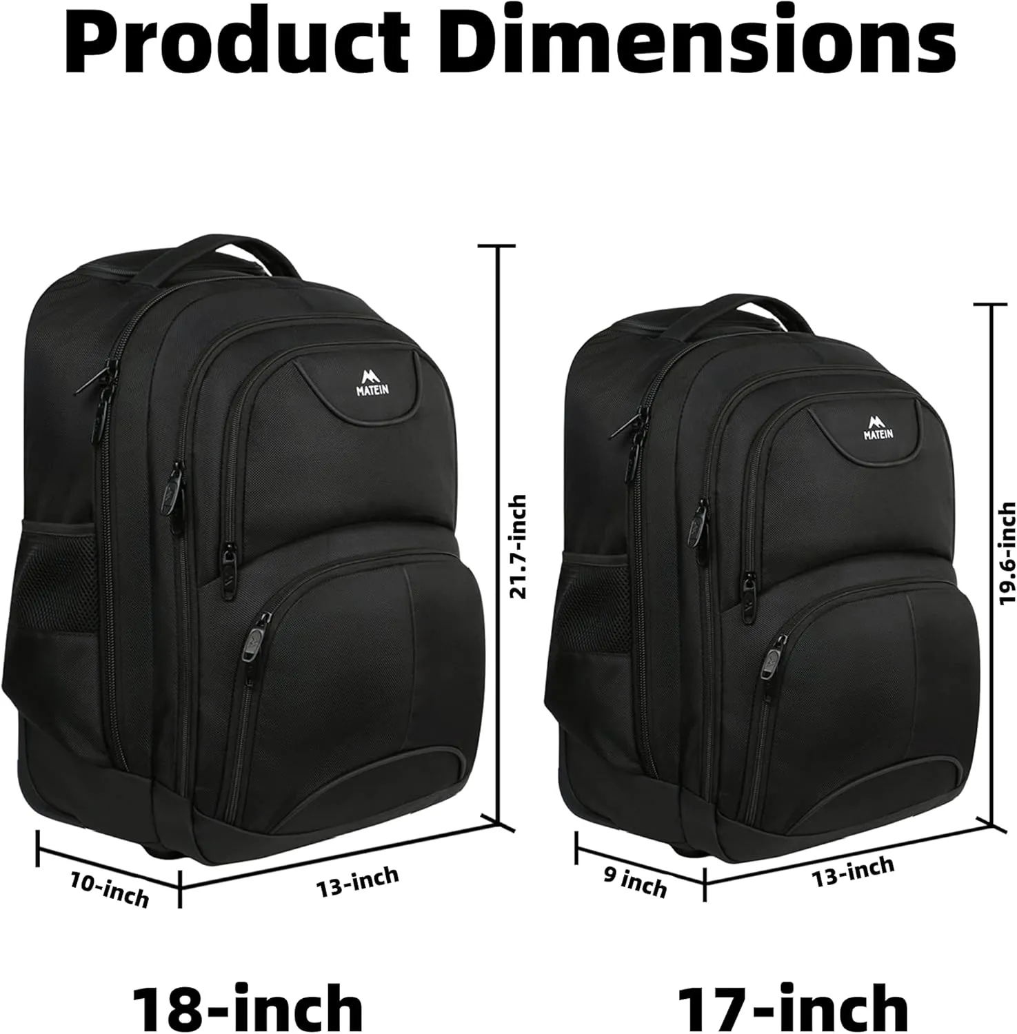 MATEIN Wheeled Backpack, 18 inch Laptop Backpack with Wheels for College, Rolling Travel Backpack, Carryon Trolley Luggage Suitcase Compact Business Computer Bag for Men Women, Black