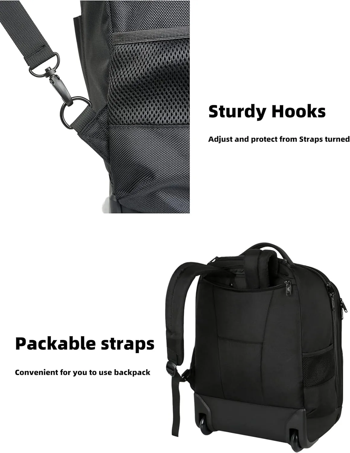 MATEIN Wheeled Backpack, 18 inch Laptop Backpack with Wheels for College, Rolling Travel Backpack, Carryon Trolley Luggage Suitcase Compact Business Computer Bag for Men Women, Black