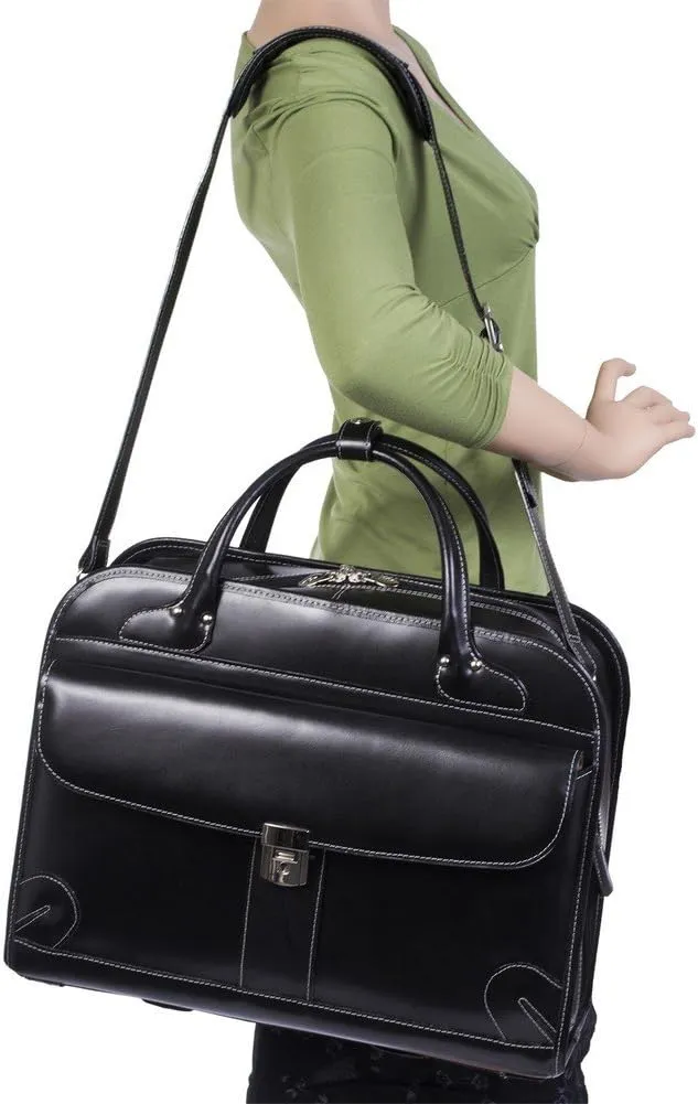 McKlein 15" Leather Fly-Through Checkpoint-Friendly Patented Detachable -Wheeled Ladies' Laptop Briefcase- LAKEWOOD- Black