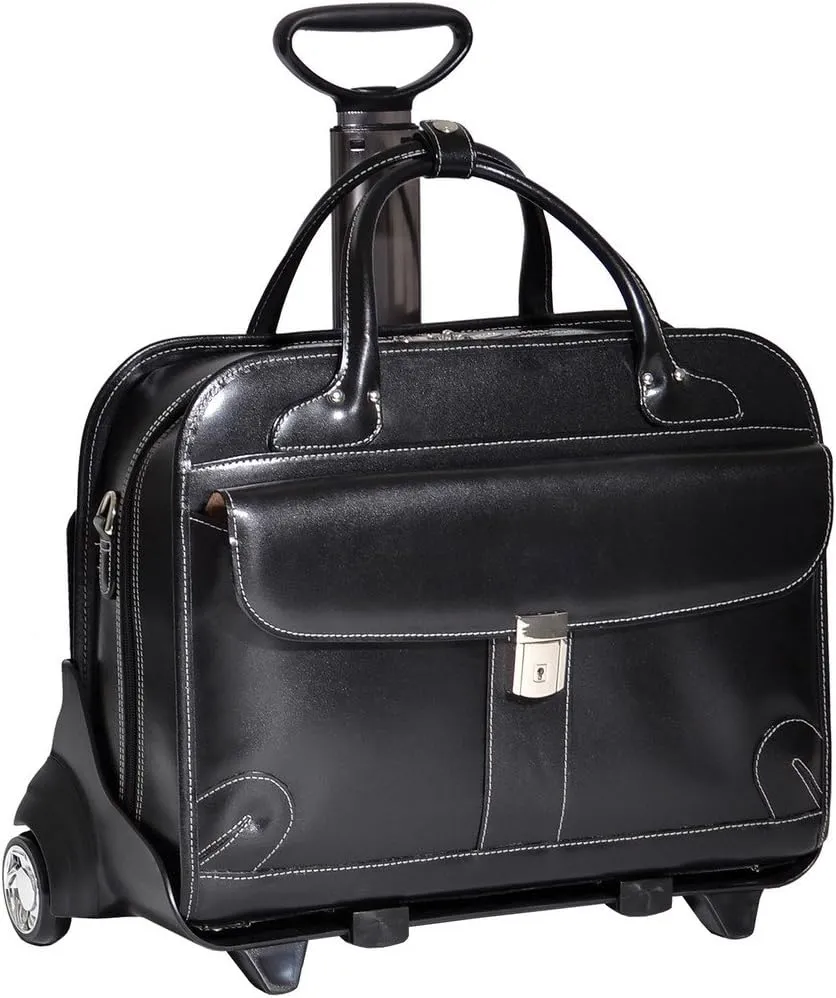 McKlein 15" Leather Fly-Through Checkpoint-Friendly Patented Detachable -Wheeled Ladies' Laptop Briefcase- LAKEWOOD- Black