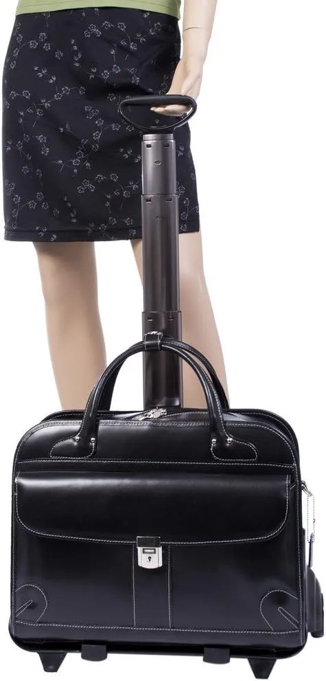 McKlein 15" Leather Fly-Through Checkpoint-Friendly Patented Detachable -Wheeled Ladies' Laptop Briefcase- LAKEWOOD- Black