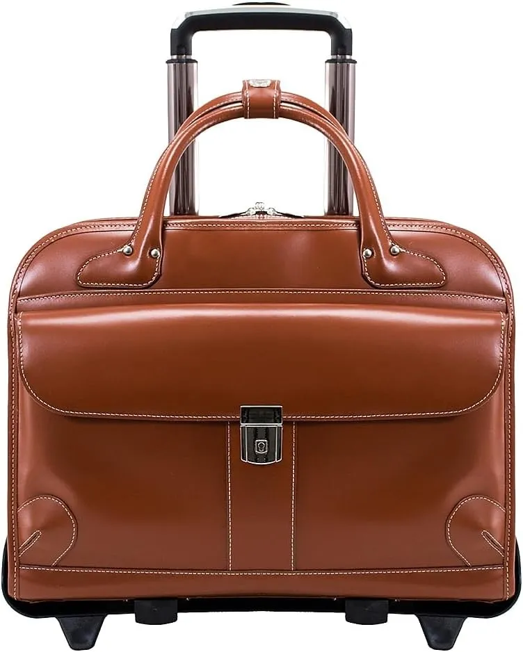 McKlein 15" Leather Fly-Through Checkpoint-Friendly Patented Detachable -Wheeled Ladies' Laptop Briefcase- LAKEWOOD- Brown