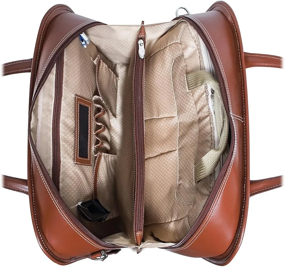 McKlein 15" Leather Fly-Through Checkpoint-Friendly Patented Detachable -Wheeled Ladies' Laptop Briefcase- LAKEWOOD- Brown