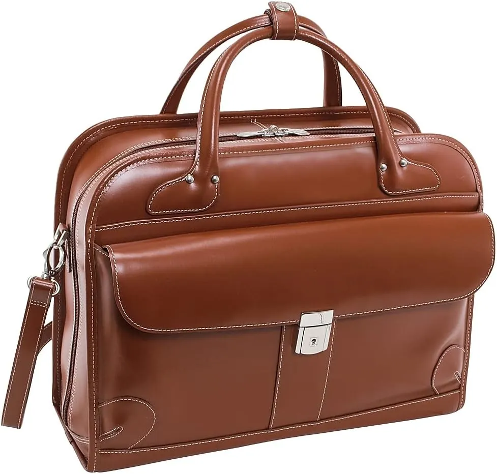 McKlein 15" Leather Fly-Through Checkpoint-Friendly Patented Detachable -Wheeled Ladies' Laptop Briefcase- LAKEWOOD- Brown