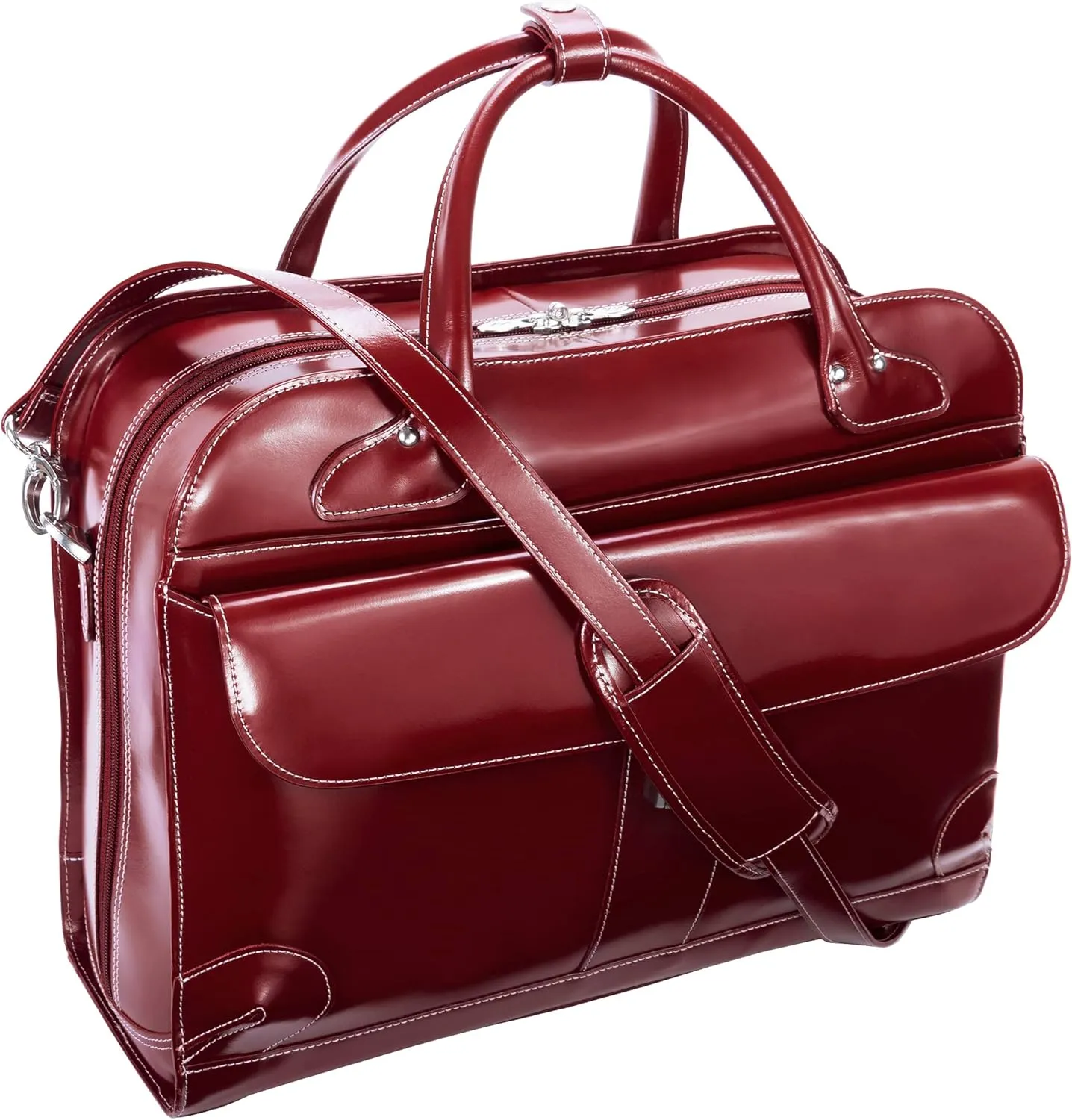 McKlein 15" Leather Fly-Through Checkpoint-Friendly Patented Detachable -Wheeled Ladies' Laptop Briefcase- LAKEWOOD- Red
