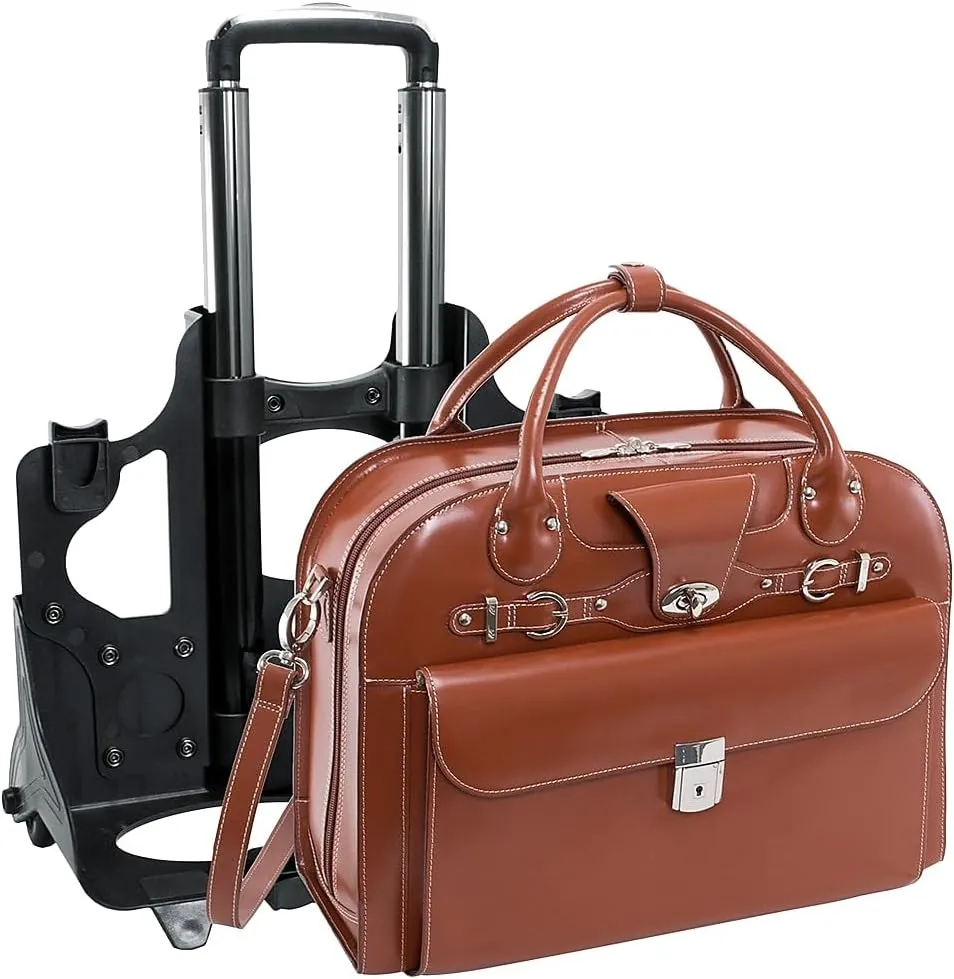 McKlein 15" Leather Fly-Through Checkpoint-Friendly Patented Detachable -Wheeled Laptop Briefcase- ROSEVILLE- Brown