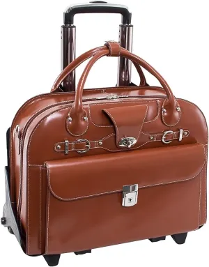 McKlein 15" Leather Fly-Through Checkpoint-Friendly Patented Detachable -Wheeled Laptop Briefcase- ROSEVILLE- Brown