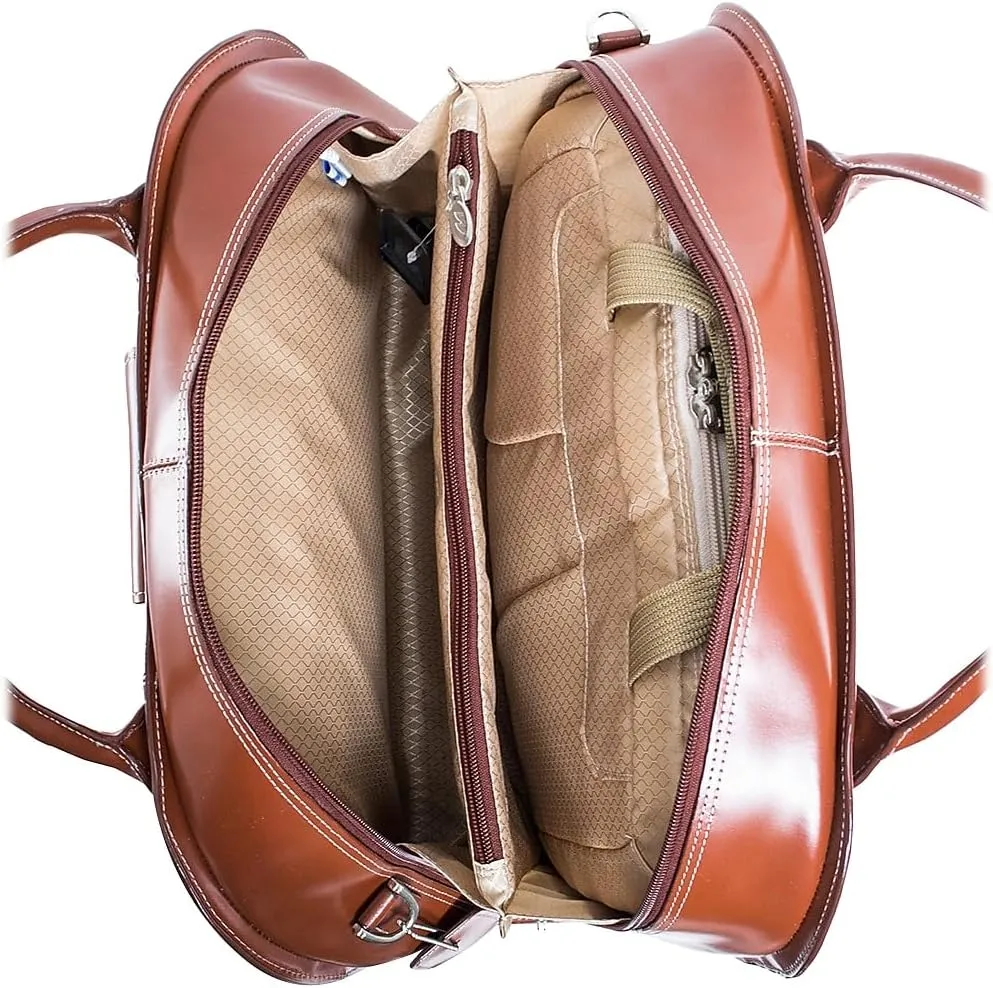 McKlein 15" Leather Fly-Through Checkpoint-Friendly Patented Detachable -Wheeled Laptop Briefcase- ROSEVILLE- Brown