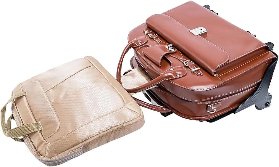 McKlein 15" Leather Fly-Through Checkpoint-Friendly Patented Detachable -Wheeled Laptop Briefcase- ROSEVILLE- Brown