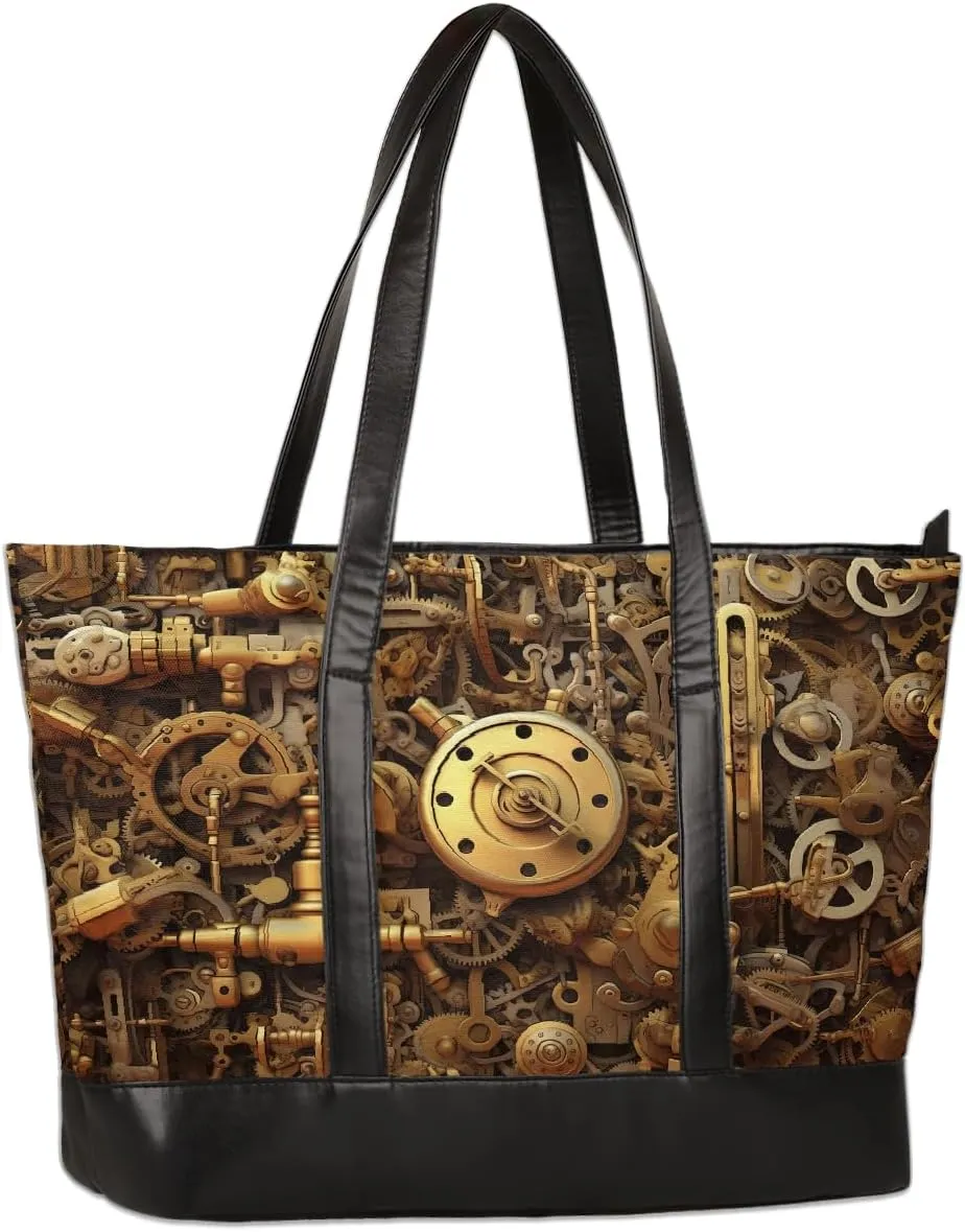 Mechanical Gear Pattern Golden Large Tote Bags Women Handbags with Zipper, Laptop Tote Bag Shopper Shoulder Bag Handbag, Gifts for Women