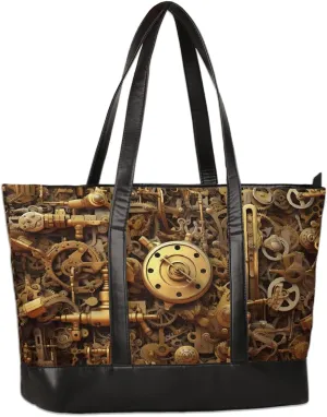 Mechanical Gear Pattern Golden Large Tote Bags Women Handbags with Zipper, Laptop Tote Bag Shopper Shoulder Bag Handbag, Gifts for Women