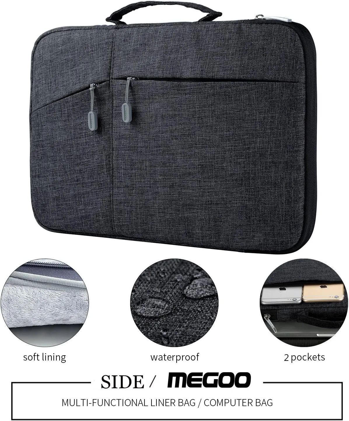 Megoo 12inch Laptop Sleeve Case with Accessory Pouch for Microsoft Surface Pro 7 /7/6/5/4/3 12.5", Laptop Go 3/2 12.4", Carry Travel Case for 11"-12" Chromebook Tablet(Black with Charger Case)