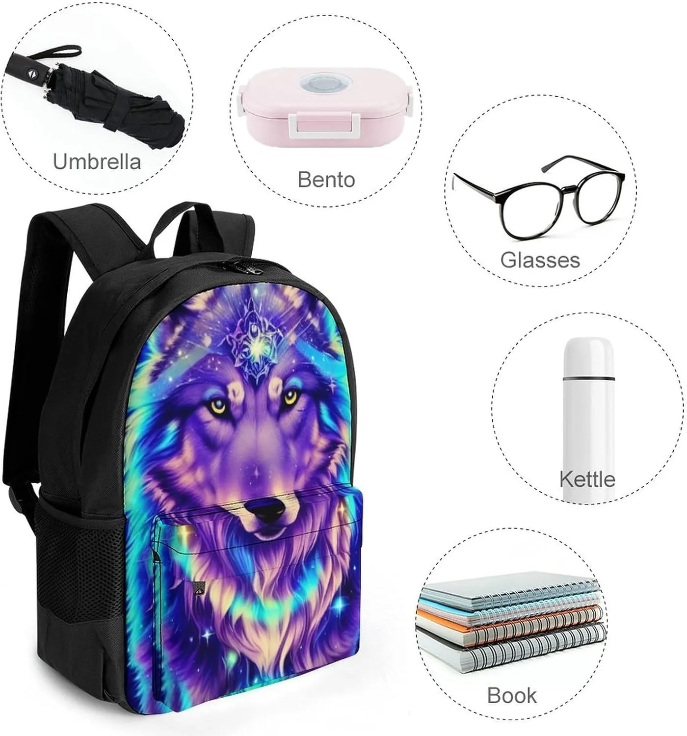 Men & Women Lightweight Blue Universe Galaxy Magic Wolf In The Space Art Casual Daypack Large Capacity Bookbag With Adjustable Shoulder Straps for Gym Business Bicycle