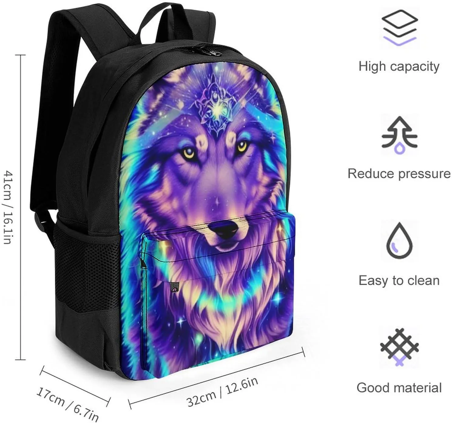 Men & Women Lightweight Blue Universe Galaxy Magic Wolf In The Space Art Casual Daypack Large Capacity Bookbag With Adjustable Shoulder Straps for Gym Business Bicycle