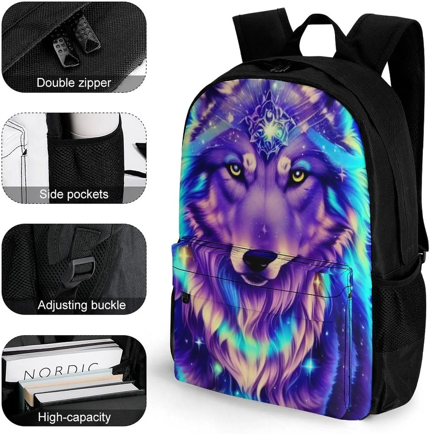 Men & Women Lightweight Blue Universe Galaxy Magic Wolf In The Space Art Casual Daypack Large Capacity Bookbag With Adjustable Shoulder Straps for Gym Business Bicycle