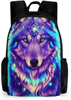 Men & Women Lightweight Blue Universe Galaxy Magic Wolf In The Space Art Casual Daypack Large Capacity Bookbag With Adjustable Shoulder Straps for Gym Business Bicycle