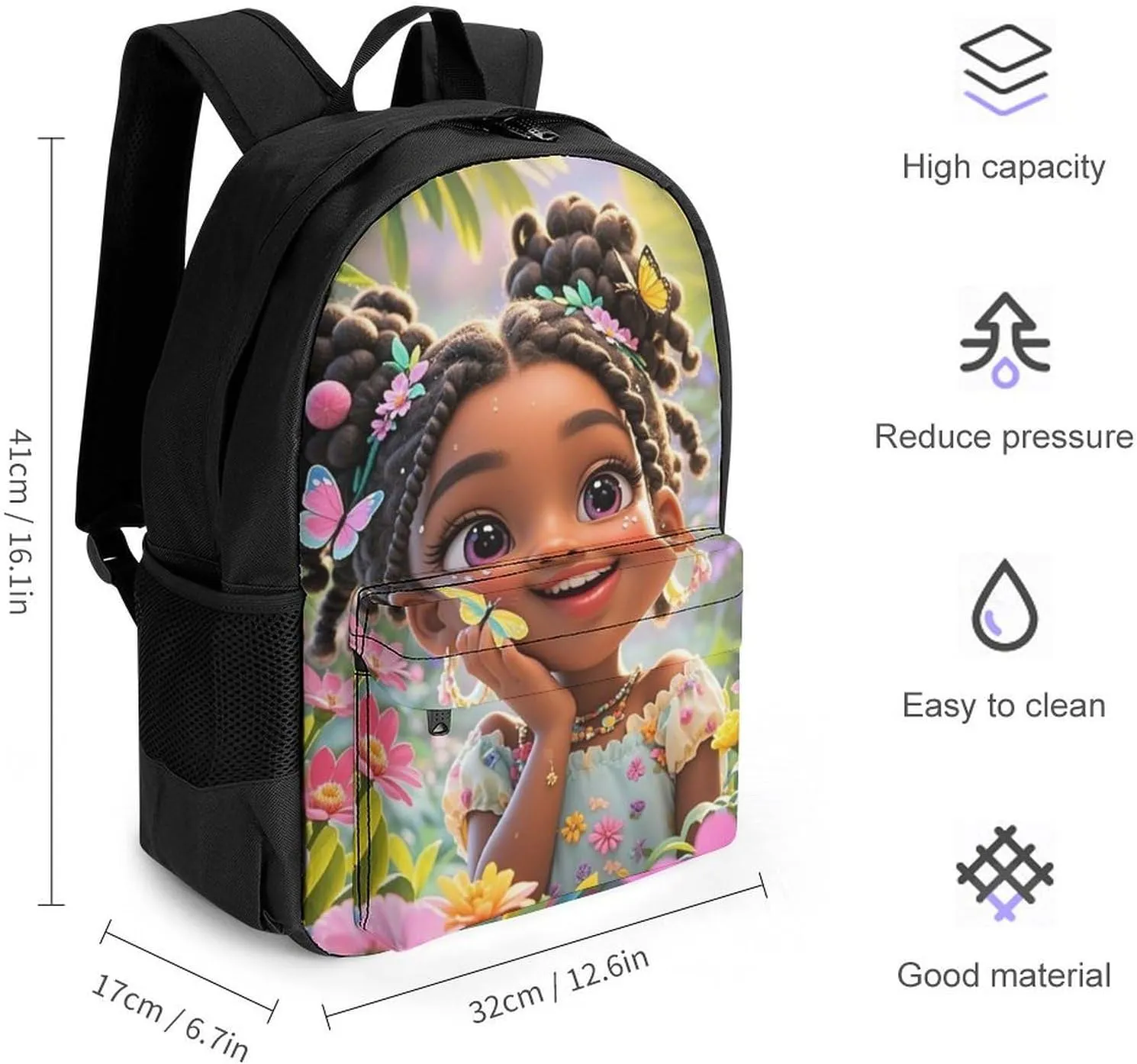 Men & Women Lightweight Colorful Afro American Black Woman With Butterflies Art Casual Daypack Large Capacity Bookbag With Adjustable Shoulder Straps for Gym Business Bicycle