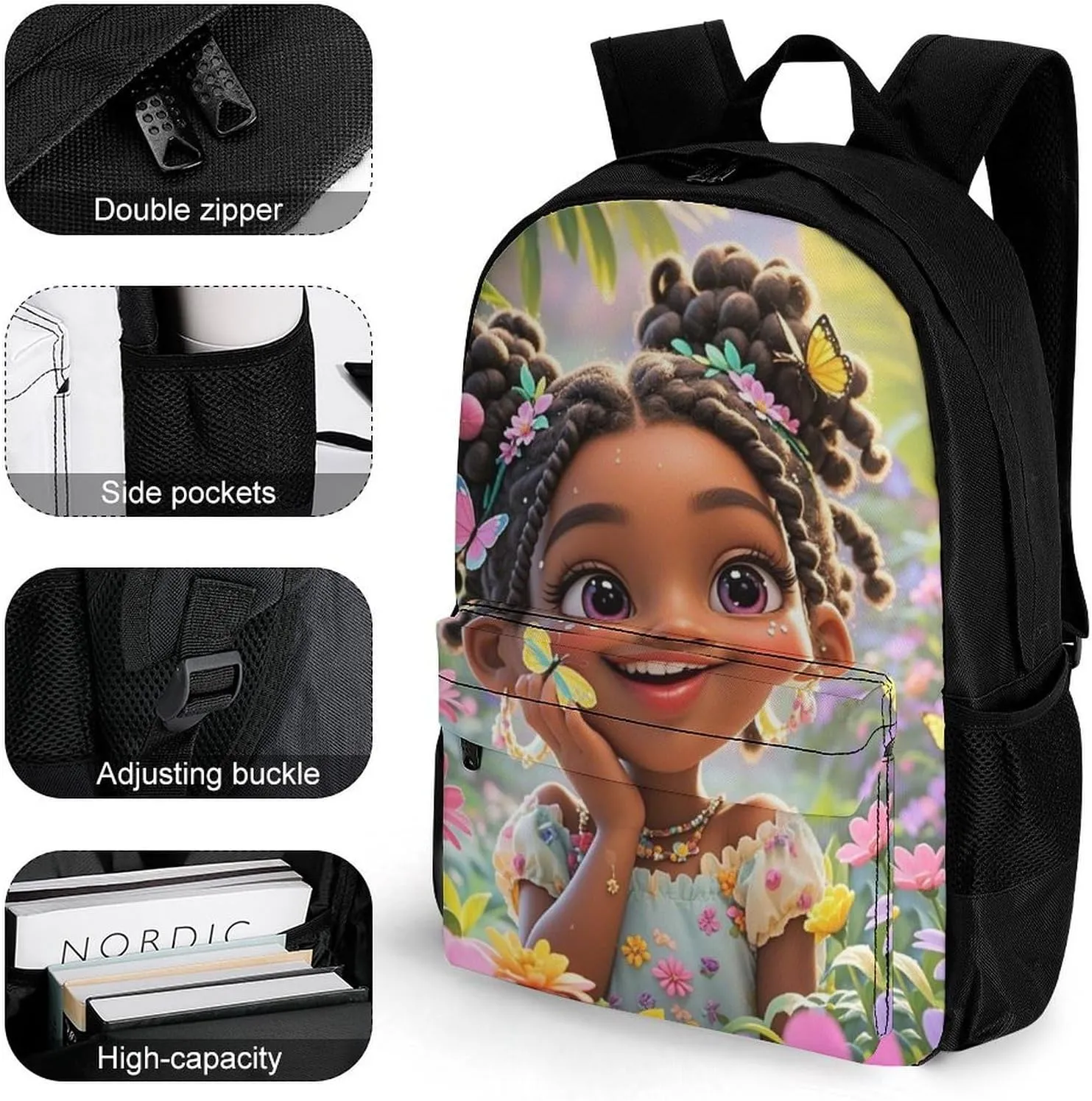 Men & Women Lightweight Colorful Afro American Black Woman With Butterflies Art Casual Daypack Large Capacity Bookbag With Adjustable Shoulder Straps for Gym Business Bicycle