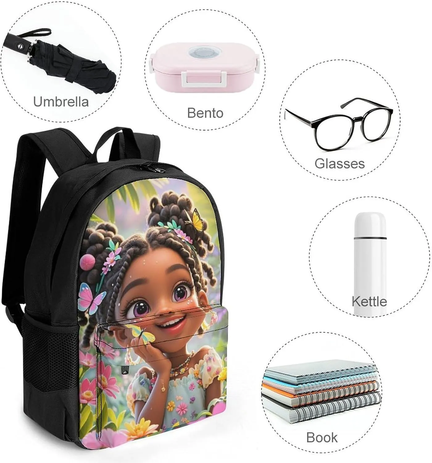 Men & Women Lightweight Colorful Afro American Black Woman With Butterflies Art Casual Daypack Large Capacity Bookbag With Adjustable Shoulder Straps for Gym Business Bicycle
