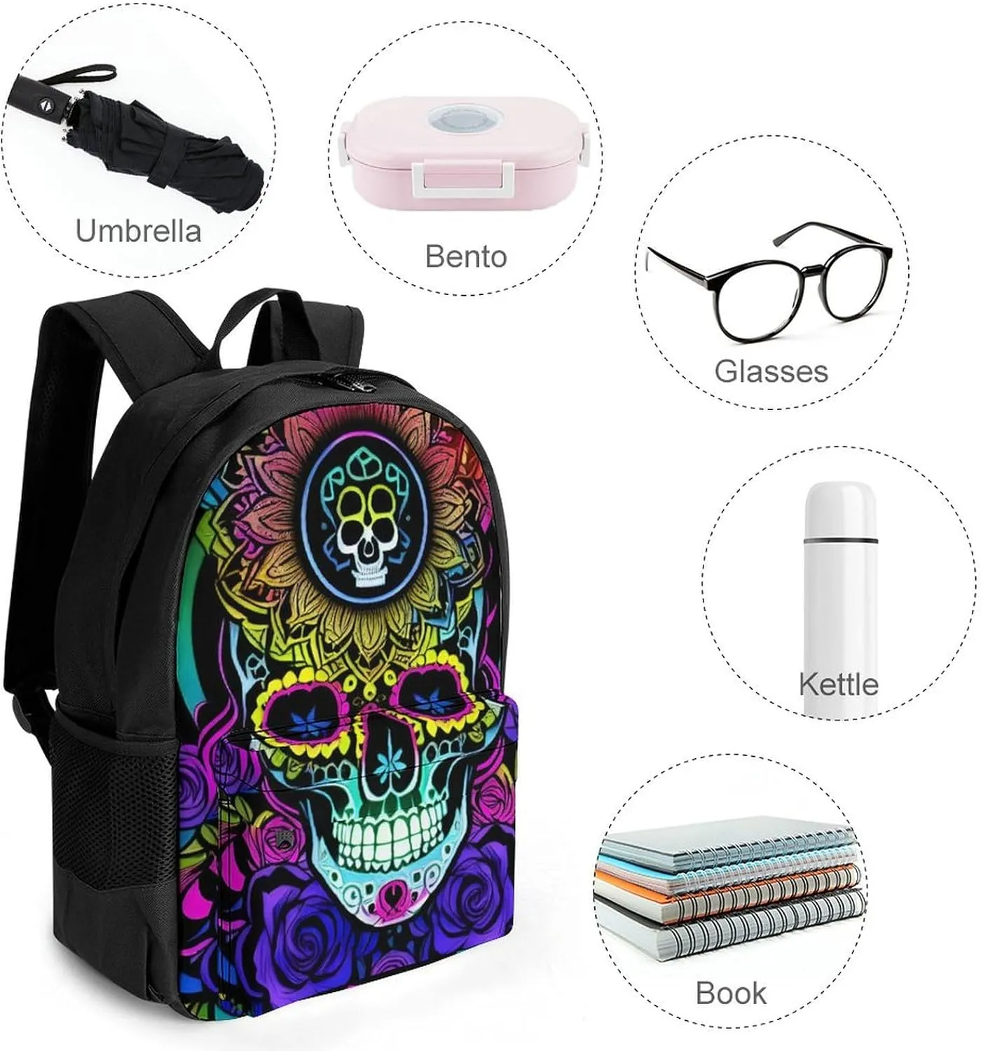 Men & Women Lightweight Psychedelic Skull Art Casual Daypack Large Capacity Bookbag With Adjustable Shoulder Straps for Gym Business Bicycle