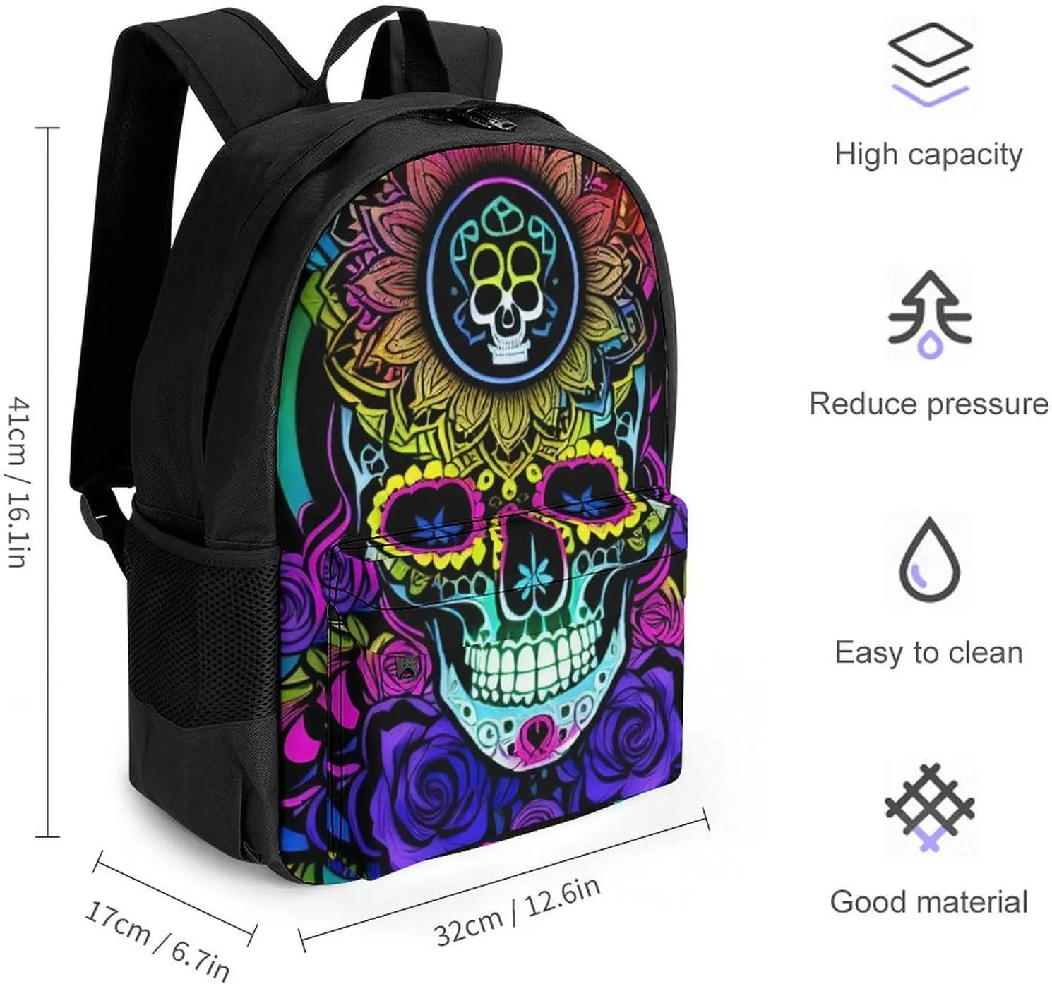 Men & Women Lightweight Psychedelic Skull Art Casual Daypack Large Capacity Bookbag With Adjustable Shoulder Straps for Gym Business Bicycle