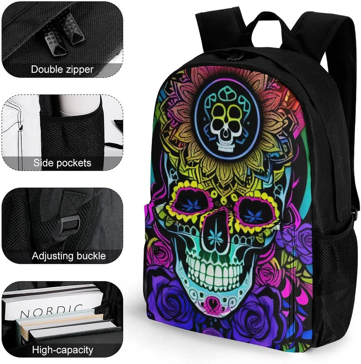 Men & Women Lightweight Psychedelic Skull Art Casual Daypack Large Capacity Bookbag With Adjustable Shoulder Straps for Gym Business Bicycle