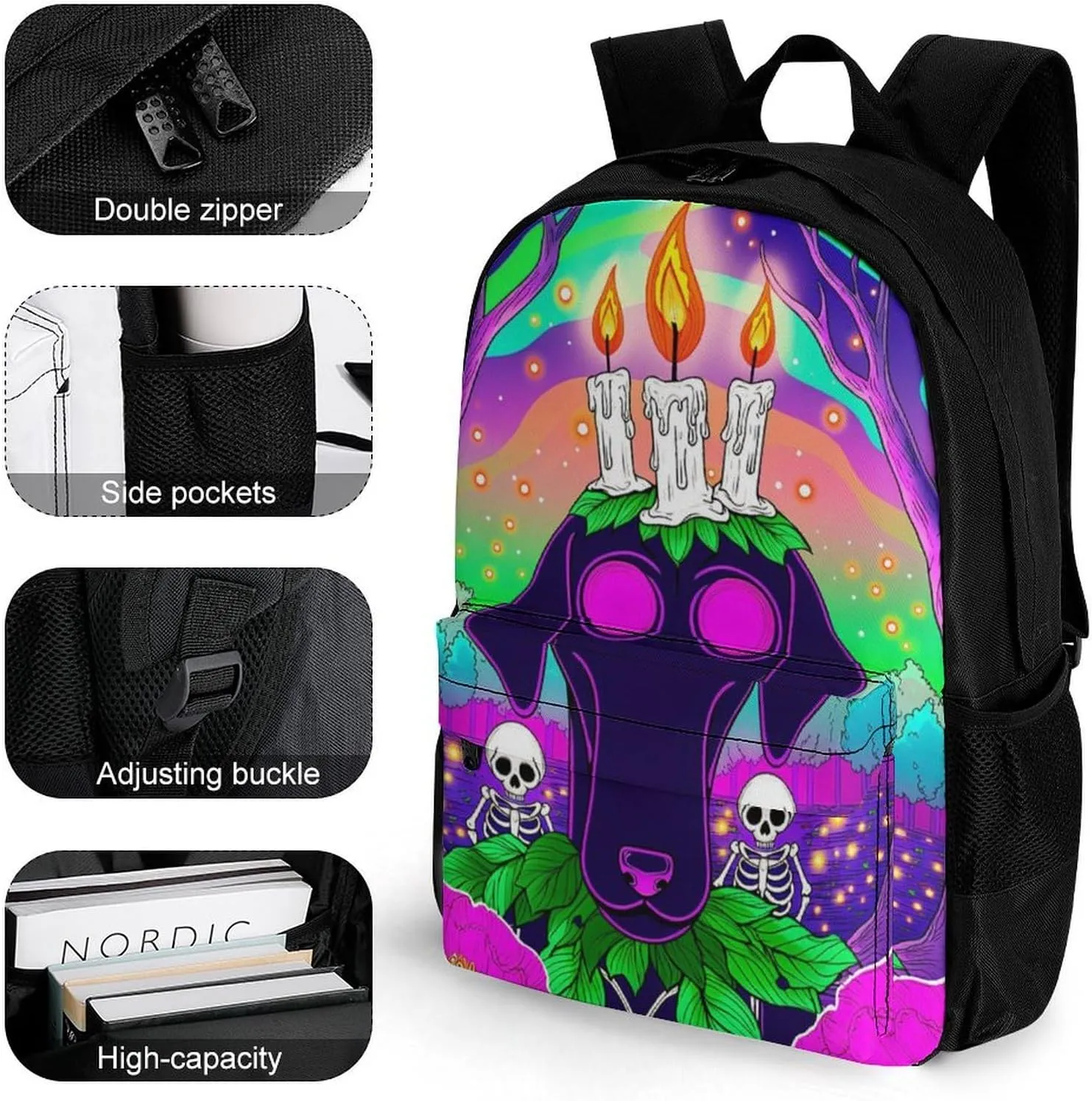 Men & Women Lightweight Surrealist Dog Halloween Skeletons Flowers Fantasy Art Casual Daypack Large Capacity Bookbag With Adjustable Shoulder Straps for Gym Business Bicycle