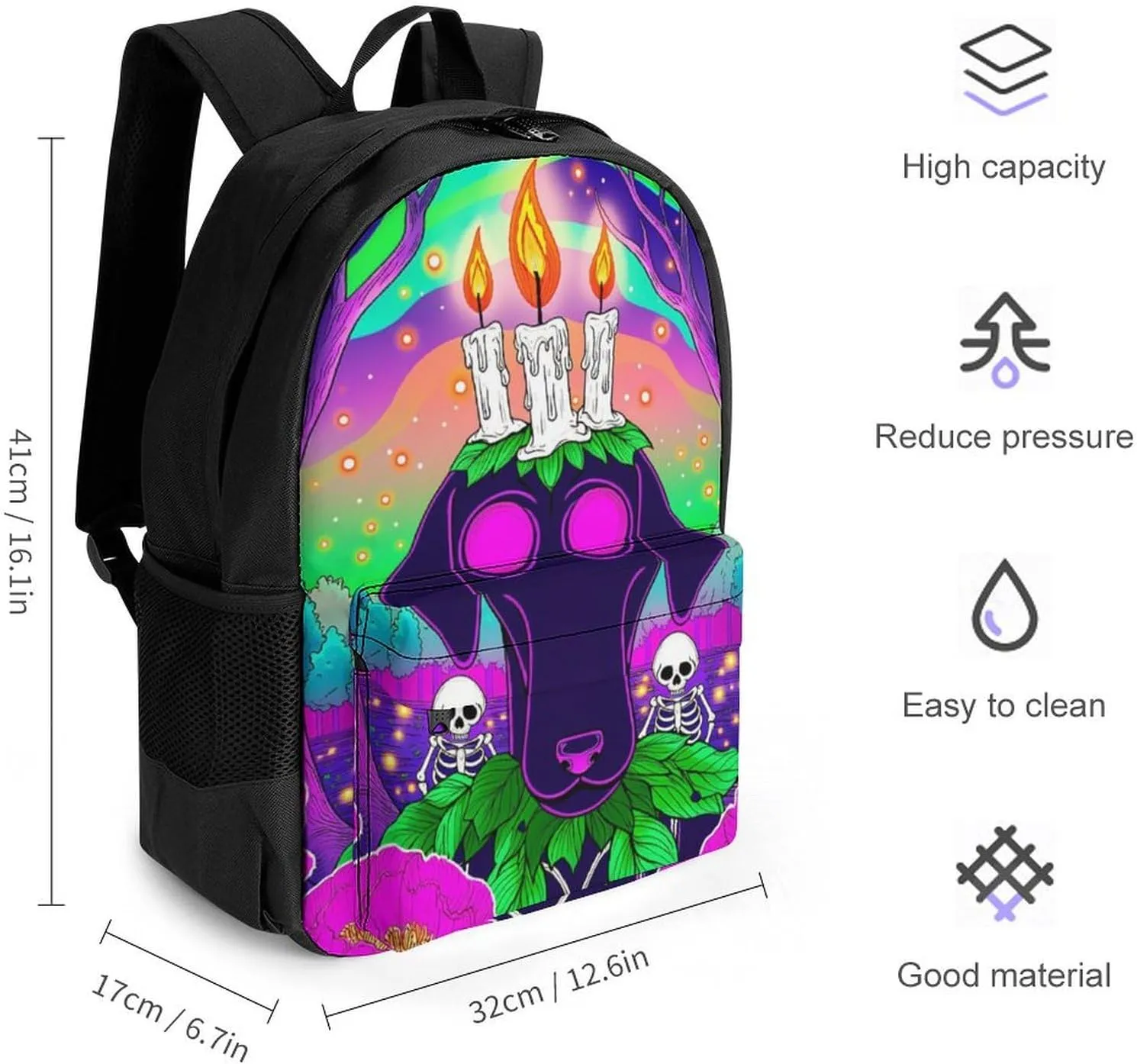 Men & Women Lightweight Surrealist Dog Halloween Skeletons Flowers Fantasy Art Casual Daypack Large Capacity Bookbag With Adjustable Shoulder Straps for Gym Business Bicycle