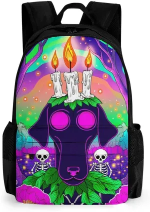 Men & Women Lightweight Surrealist Dog Halloween Skeletons Flowers Fantasy Art Casual Daypack Large Capacity Bookbag With Adjustable Shoulder Straps for Gym Business Bicycle