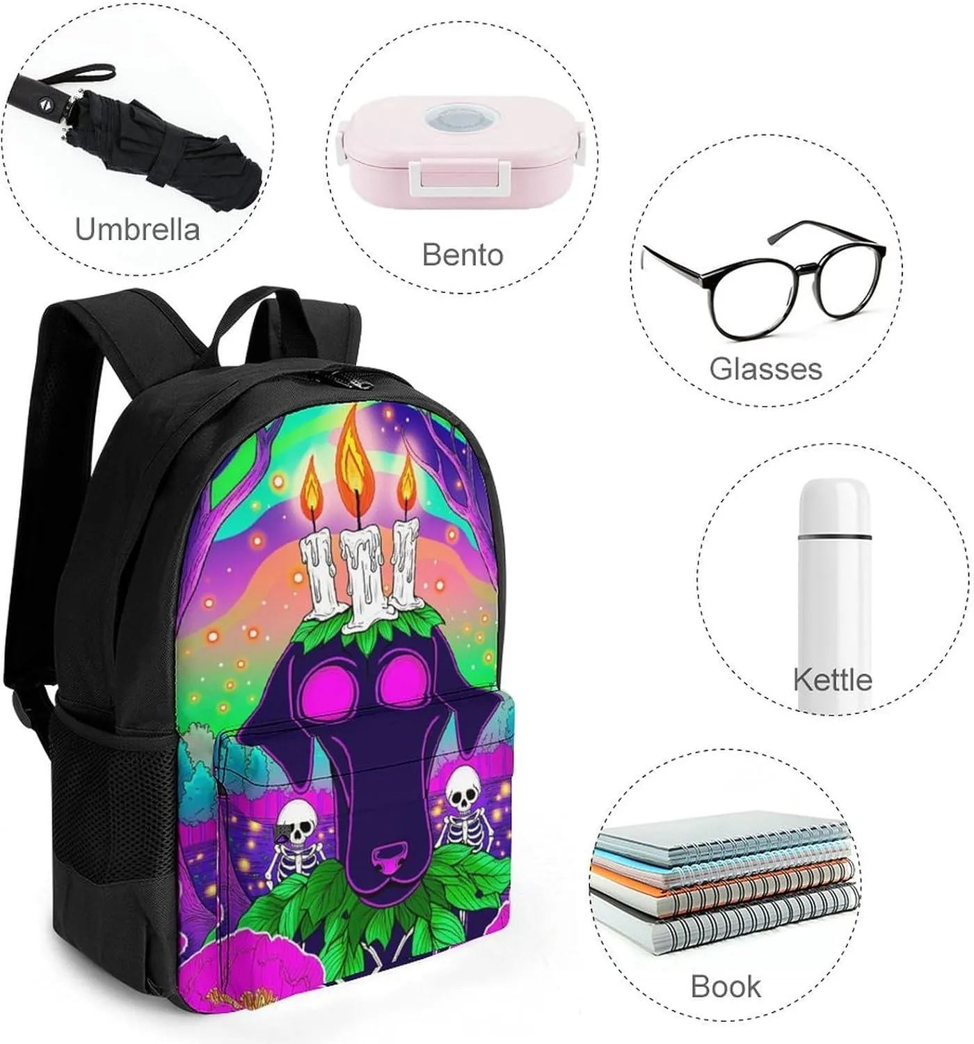 Men & Women Lightweight Surrealist Dog Halloween Skeletons Flowers Fantasy Art Casual Daypack Large Capacity Bookbag With Adjustable Shoulder Straps for Gym Business Bicycle