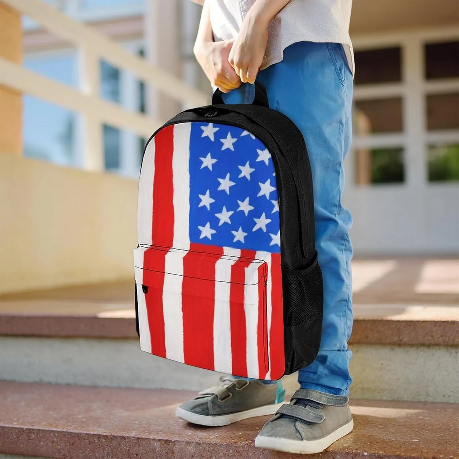 Men & Women Lightweight Thin Red Line American Flag Art Casual Daypack Large Capacity Bookbag With Adjustable Shoulder Straps for Gym Business Bicycle