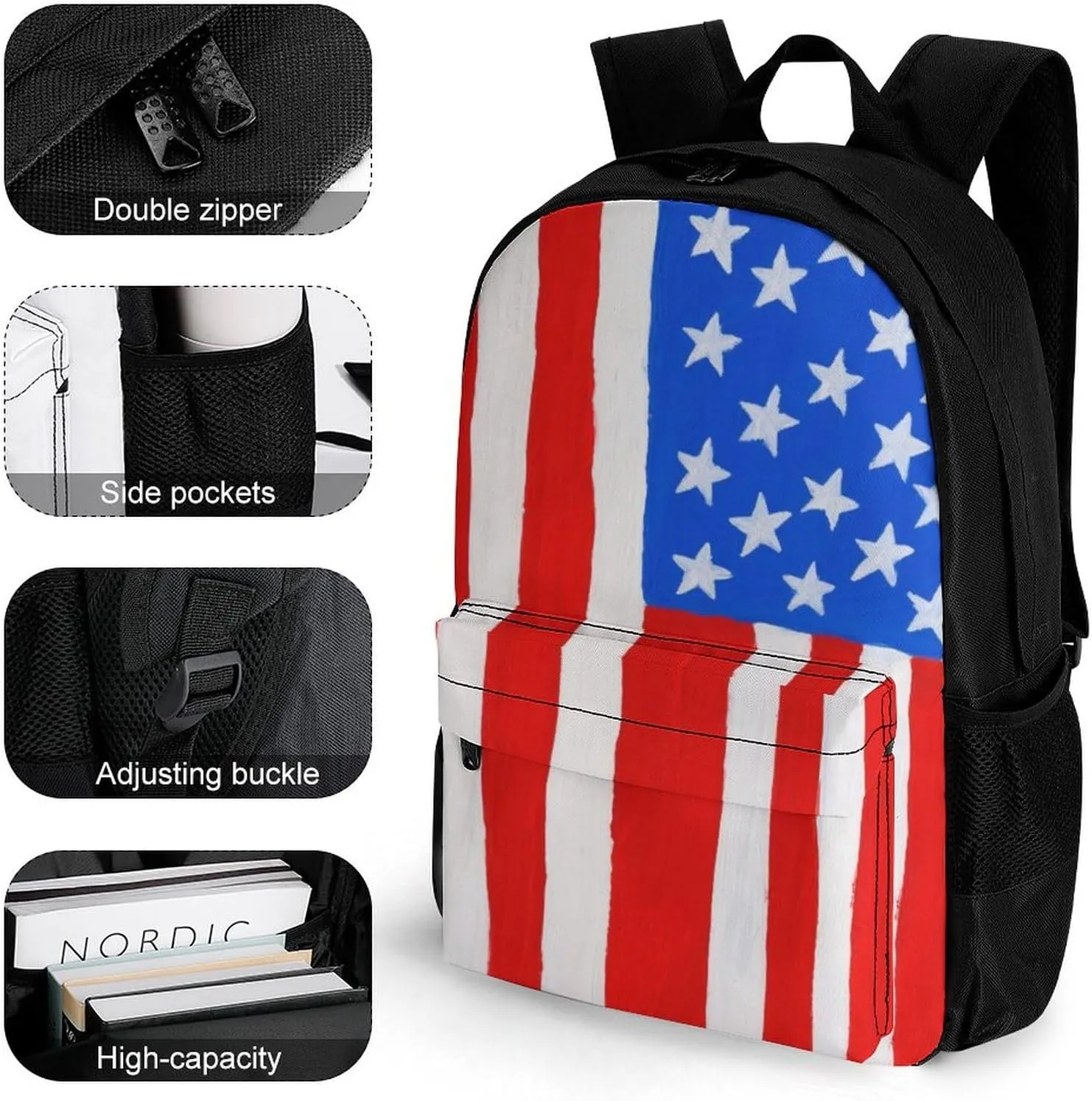 Men & Women Lightweight Thin Red Line American Flag Art Casual Daypack Large Capacity Bookbag With Adjustable Shoulder Straps for Gym Business Bicycle