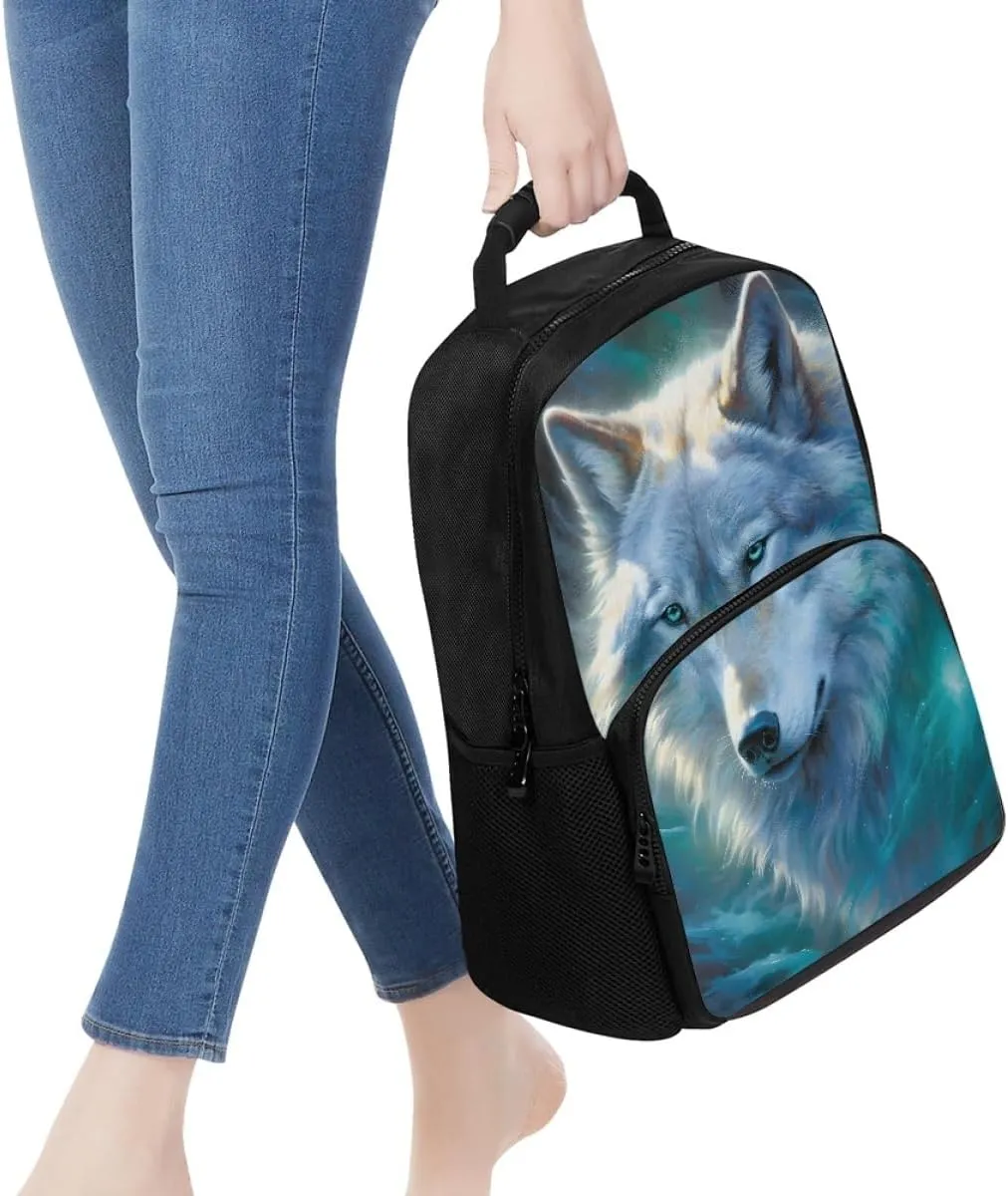 Men Women Creative Wolf 3D Print Backpack Laptop Shoulder Bag Travel Casual Daypacks,Blue Eyes Wolf