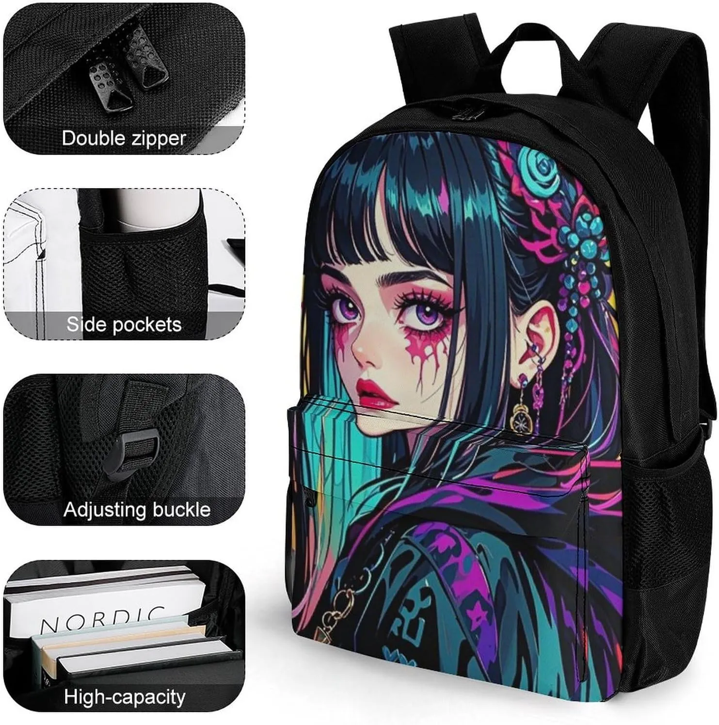 Men Women Lightweight Aesthetic Woman With Skull Gothic Style Art Backpack Large Capacity Bookbag With Smooth Zippers for Gym Business Running